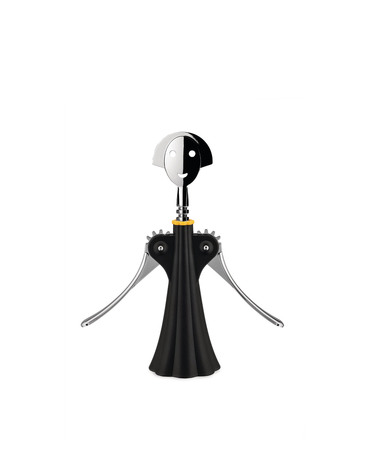 Black and chrome-plated corkscrew by Alessi with a smiling figural head and skirted base, on white.