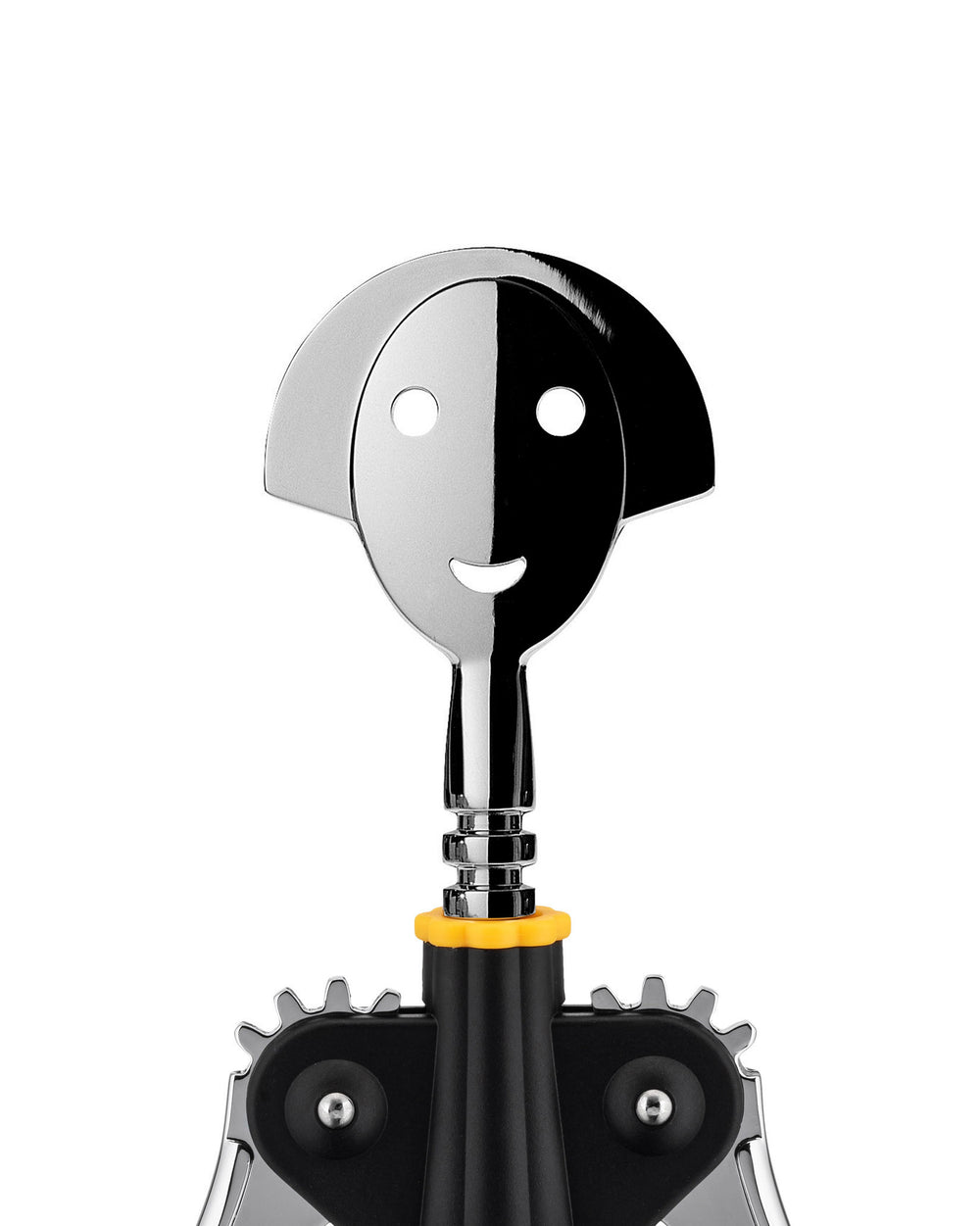 Chrome and black Anna G. corkscrew by Alessi with a smiling face handle, yellow ring, and geared base.