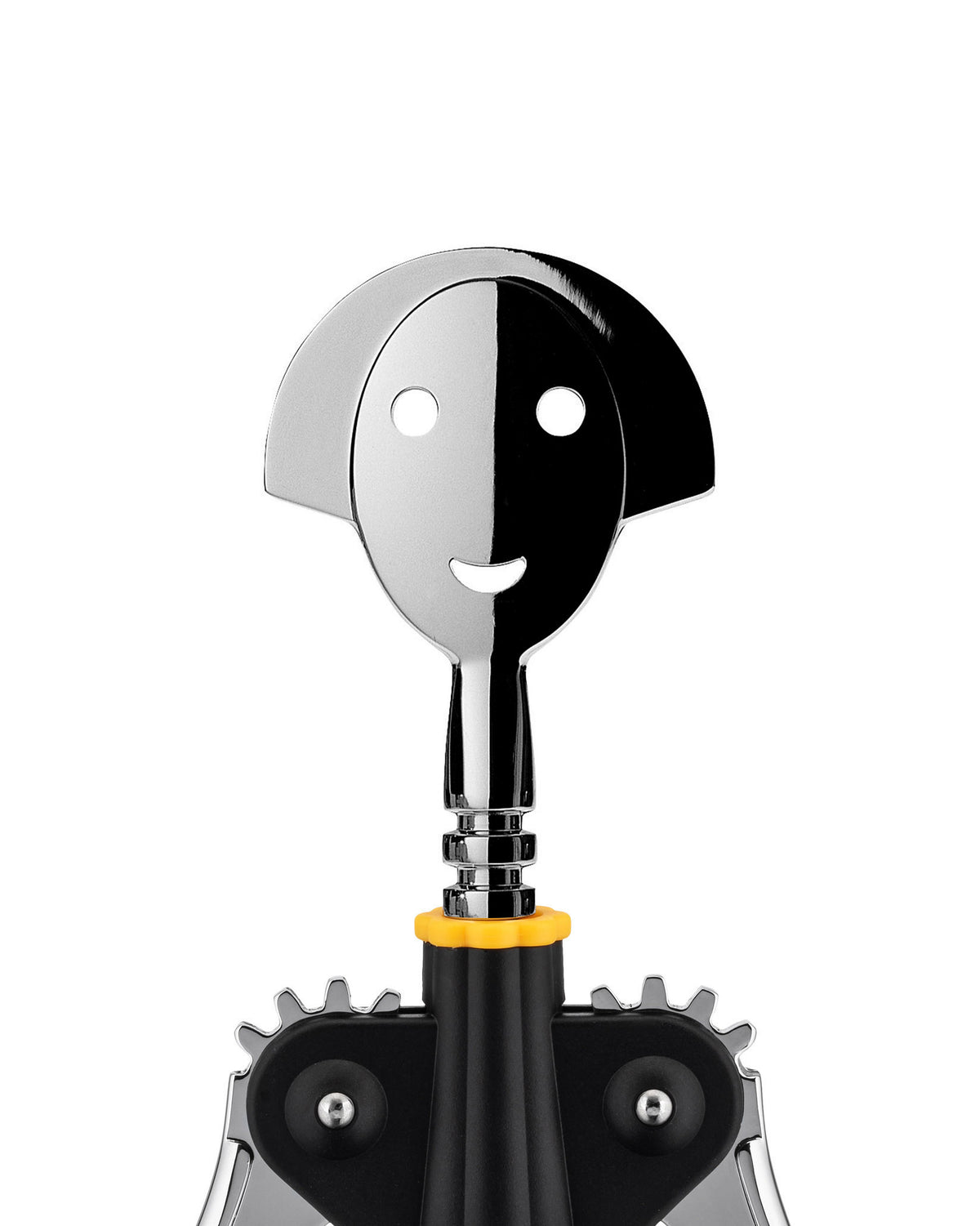 Chrome and black Anna G. corkscrew by Alessi with a smiling face handle, yellow ring, and geared base.