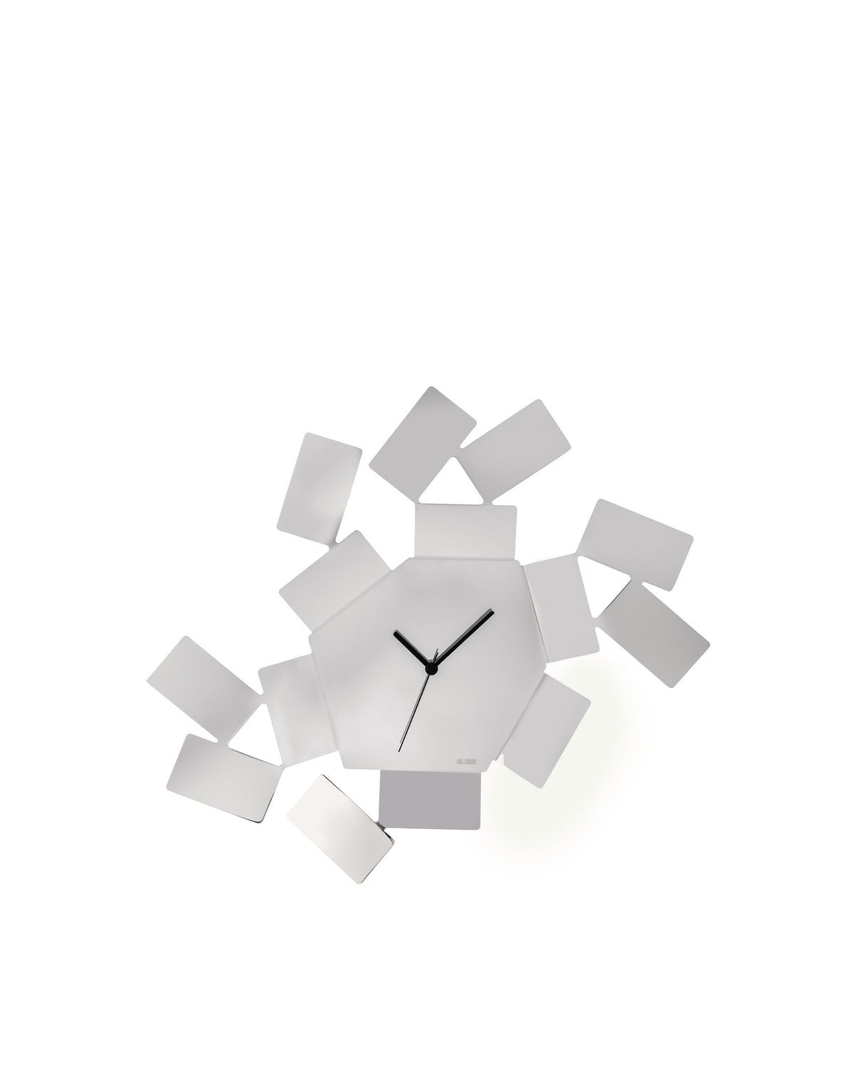 White metal wall clock by Alessi, featuring a deconstructed geometric design with a central hexagonal face.