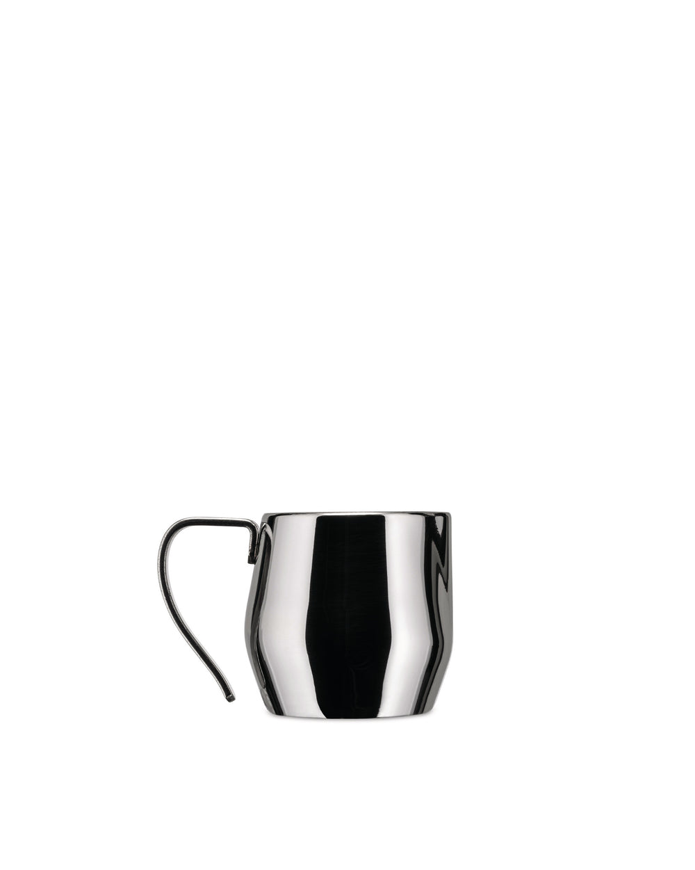 Polished stainless steel creamer by Alessi, with a sleek curved body and thin handle.