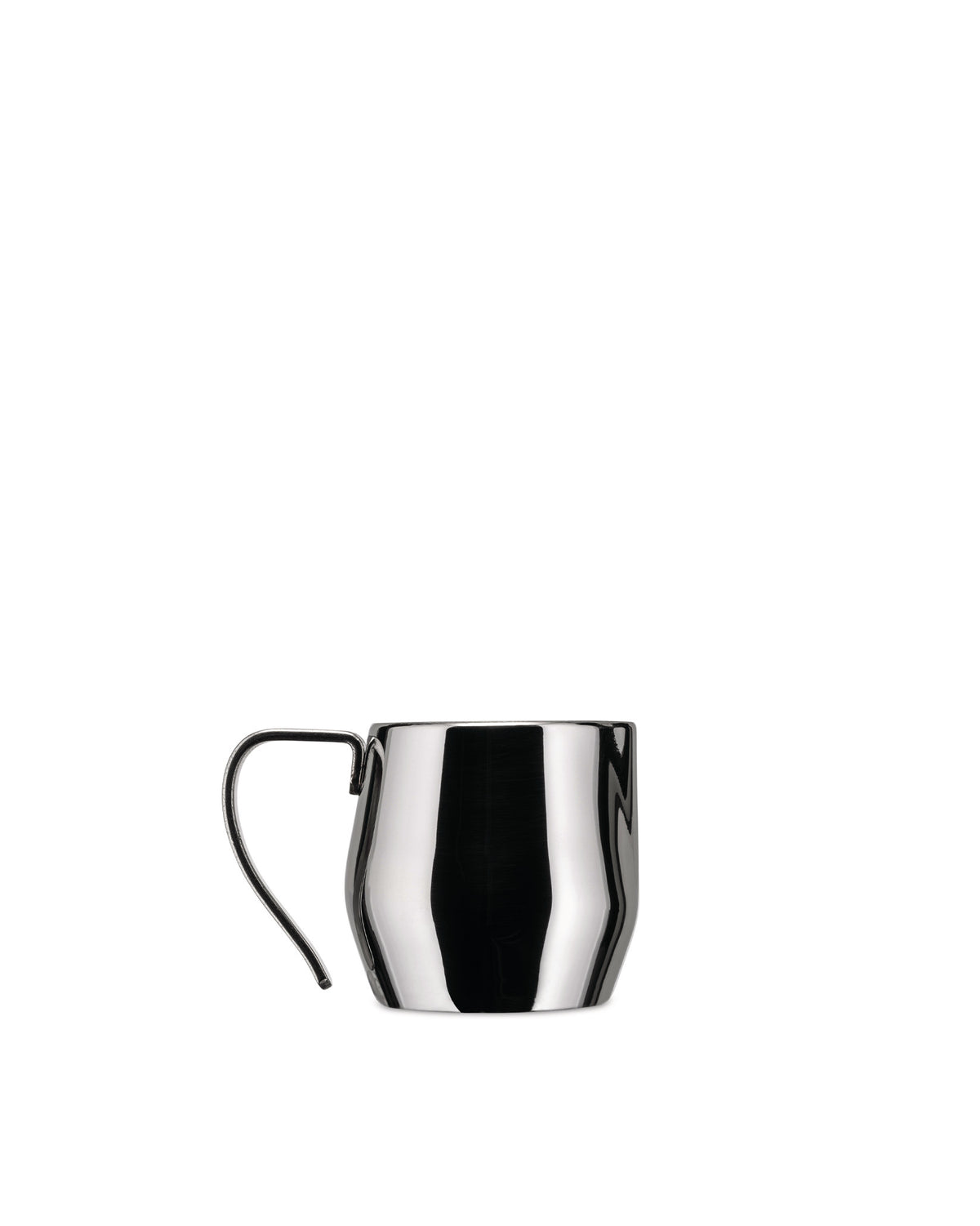 Polished stainless steel creamer by Alessi, with a sleek curved body and thin handle.