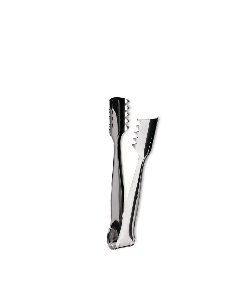 Polished stainless steel ice tongs by Alessi with sharp, serrated gripping teeth, shown open on white.