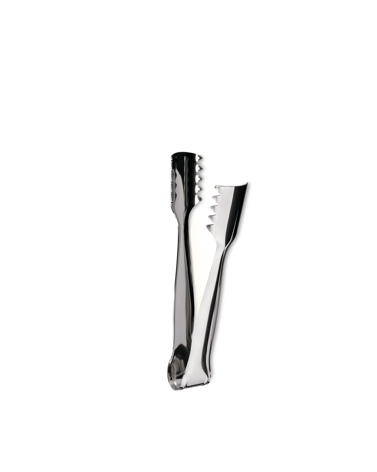 Polished stainless steel ice tongs by Alessi with sharp, serrated gripping teeth, shown open on white.