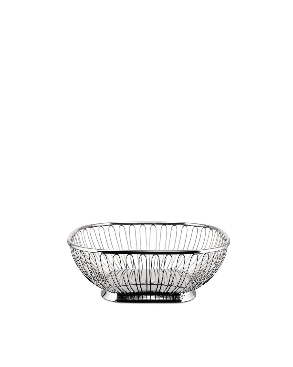 Silver wire basket by Alessi, rectangular with rounded corners and a shiny finish, on a white background.