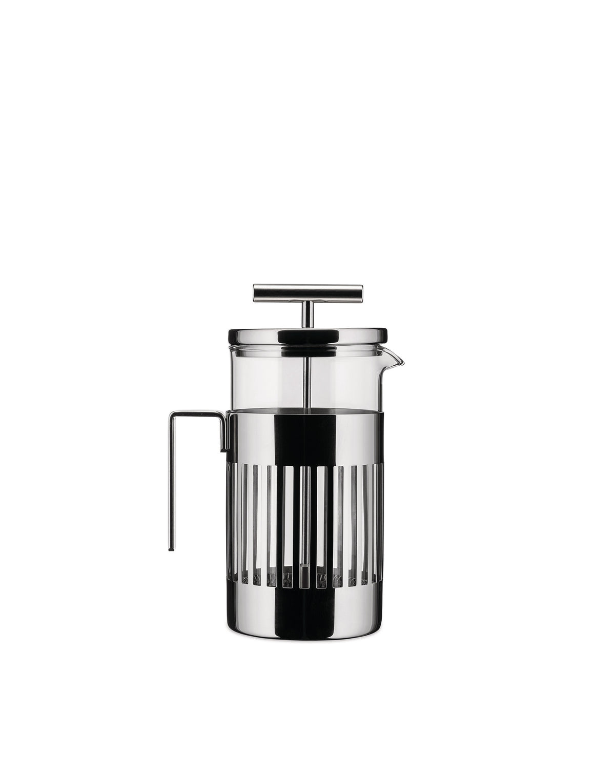 Chrome and glass French Press by Alessi featuring a modern design with a slotted chrome frame, shown front view.