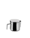 Silver stainless steel sugar bowl by Alessi with a hinged lid and handle.
