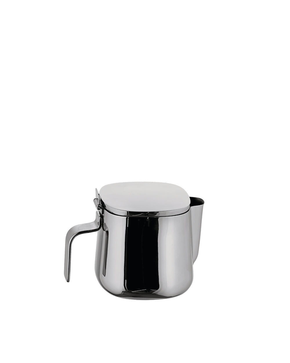 Silver stainless steel sugar bowl by Alessi with a hinged lid and handle.