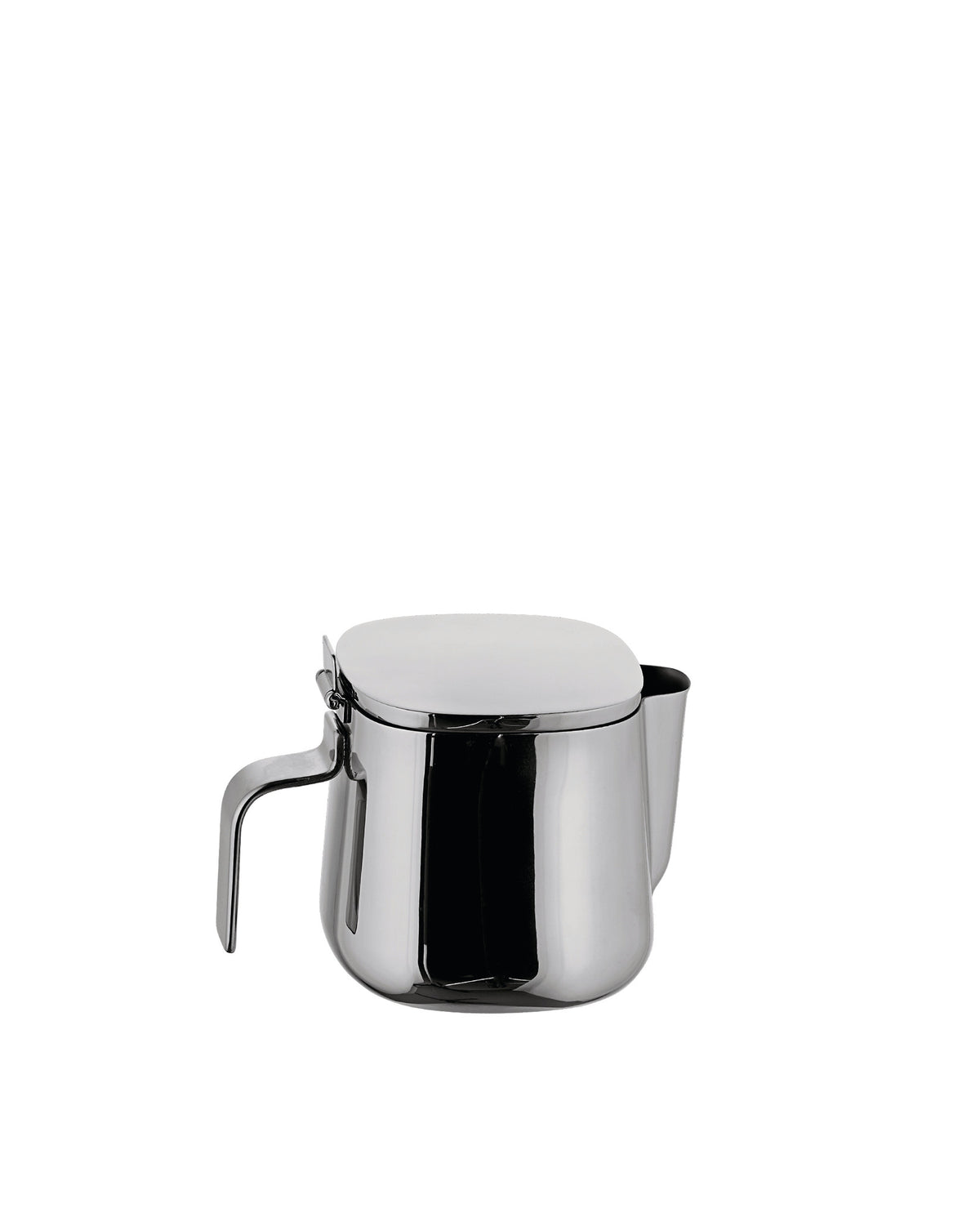 Silver stainless steel sugar bowl by Alessi with a hinged lid and handle.