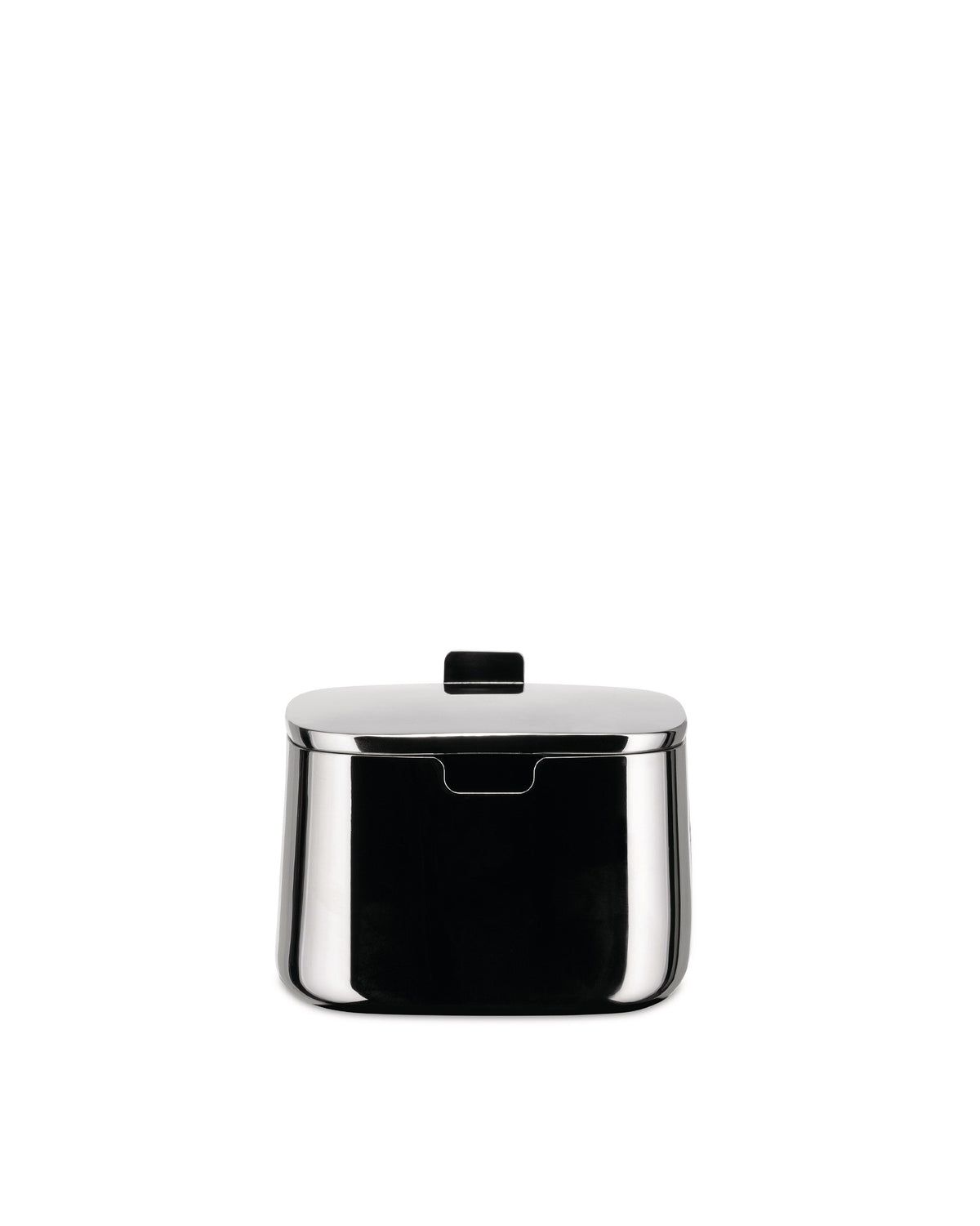 Polished stainless steel sugar bowl by Alessi with a flat lid, small rectangular handle, and front spoon recess.