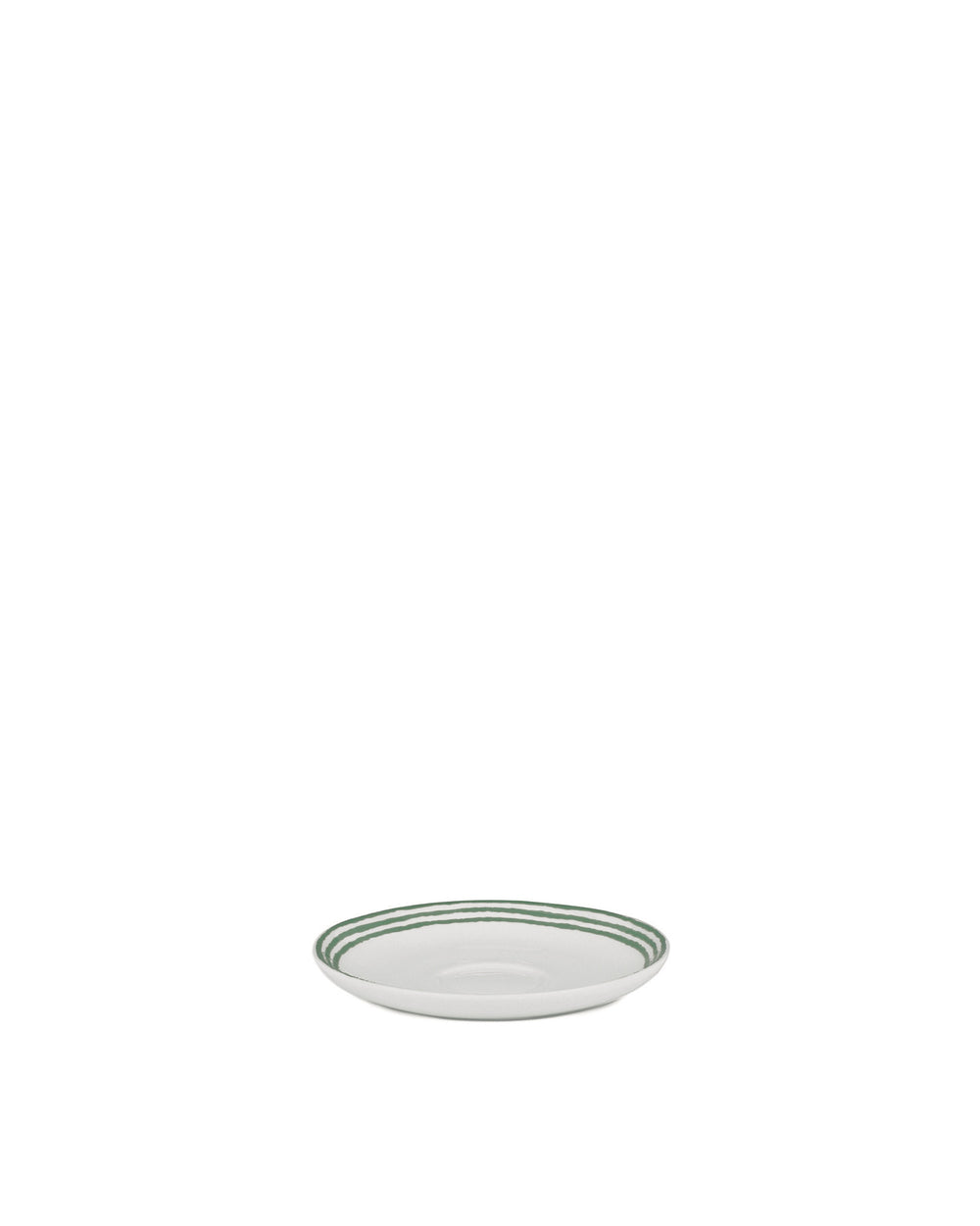 White saucer by Alessi, featuring three textured green stripes around the rim, presented at an angle.