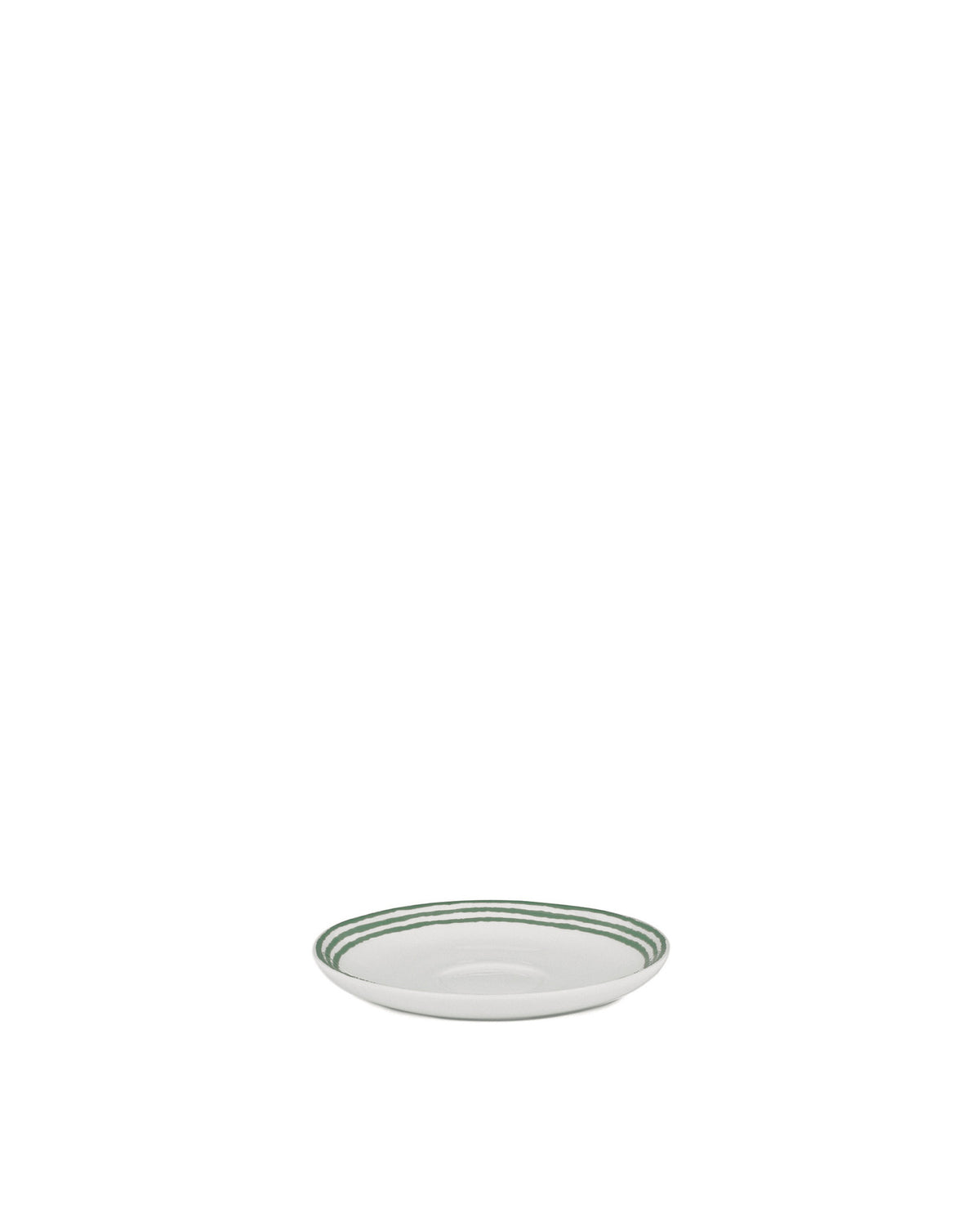 White saucer by Alessi, featuring three textured green stripes around the rim, presented at an angle.