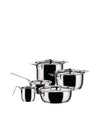 Sleek stainless steel cookware set by Alessi, including various pots, a saucepan, and milk pan.