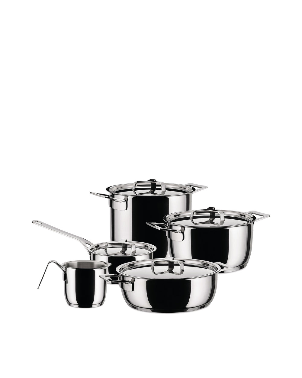 Sleek stainless steel cookware set by Alessi, including various pots, a saucepan, and milk pan.