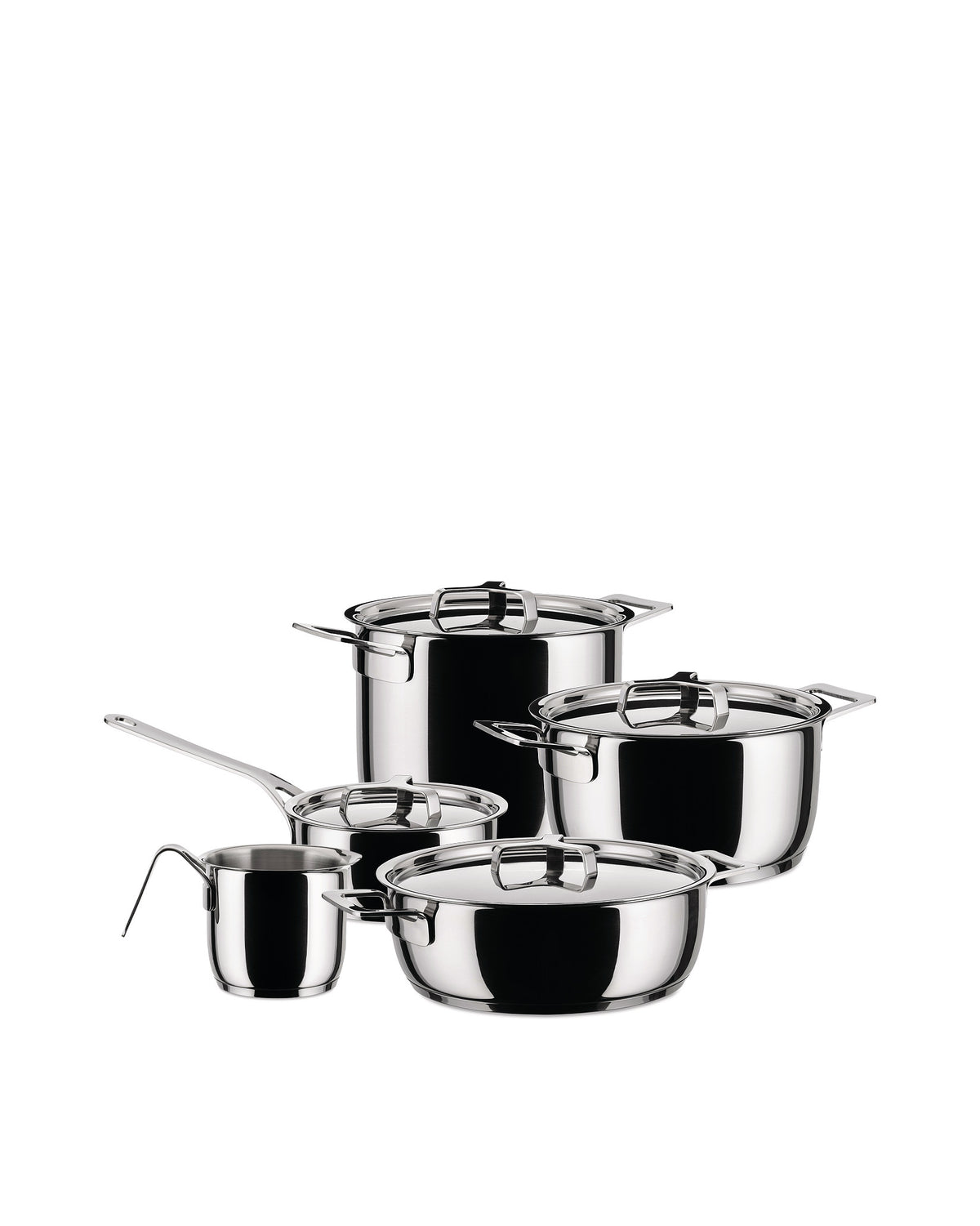 Sleek stainless steel cookware set by Alessi, including various pots, a saucepan, and milk pan.
