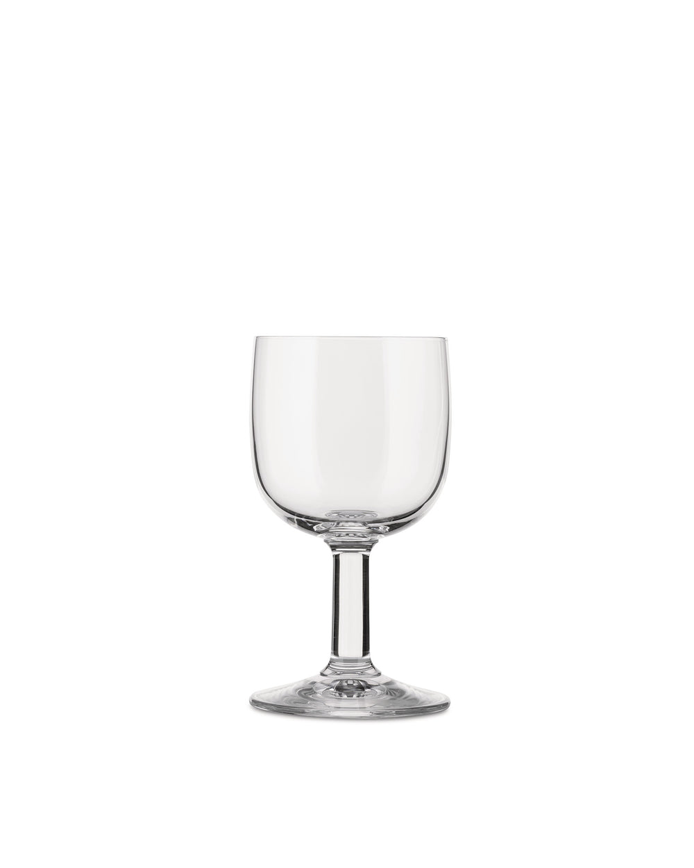 A clear stemmed glass by Alessi, featuring a wide bowl and slender stem on a white background.