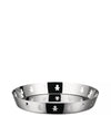 Silver metal decorative basket by Alessi, featuring playful "little man" cut-outs around the rim.