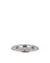 Polished silver mini round tray by Alessi, featuring a perforated base and human-like cut-out figures around the rim.