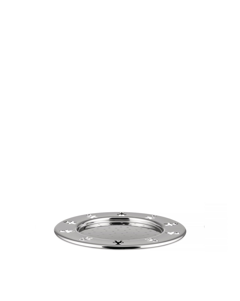 Polished silver mini round tray by Alessi, featuring a perforated base and human-like cut-out figures around the rim.