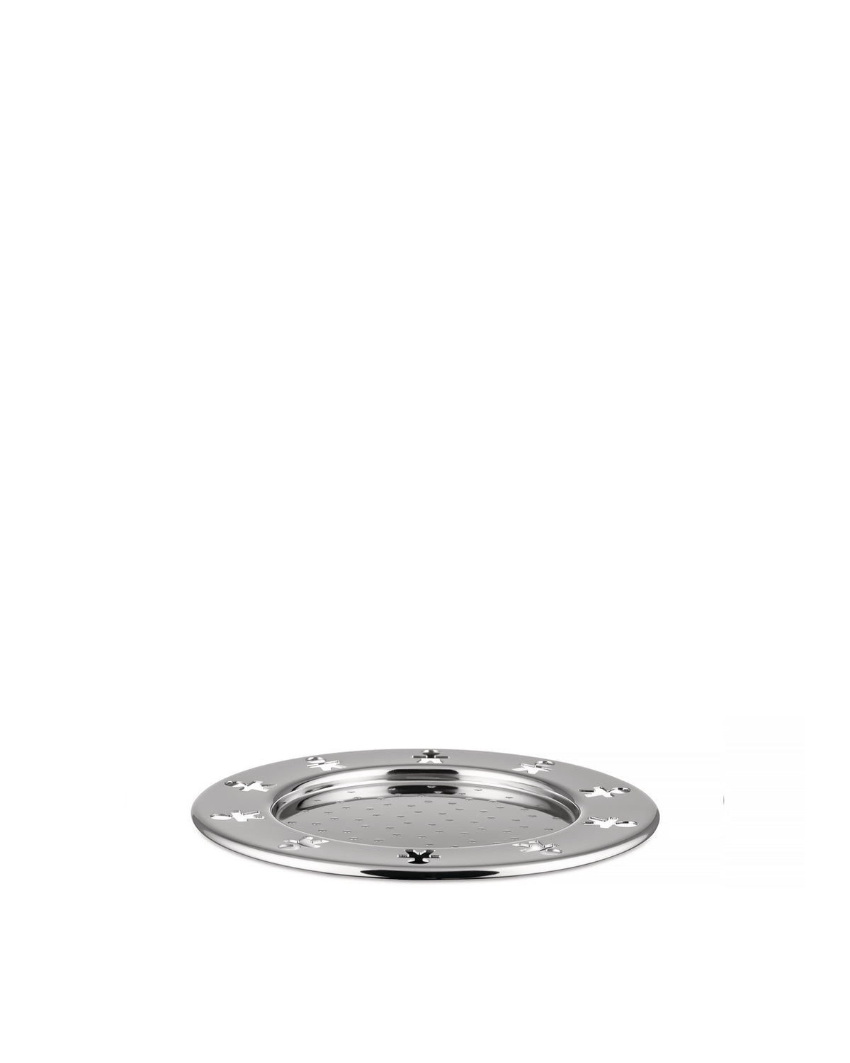 Polished silver mini round tray by Alessi, featuring a perforated base and human-like cut-out figures around the rim.