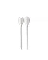 Polished silver salad servers by Alessi, with one ergonomic notched server and one smooth spoon, on a white background.