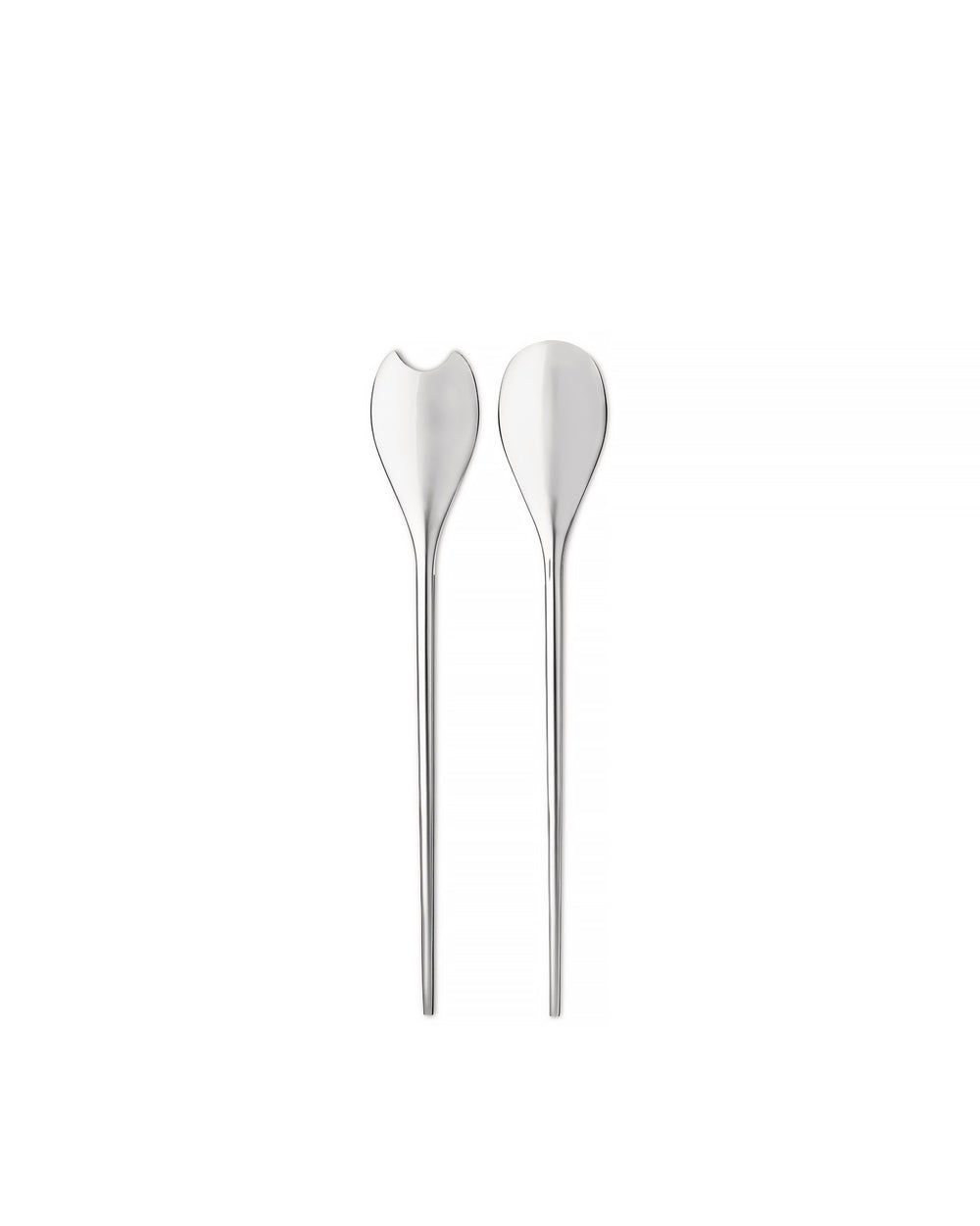 Polished silver salad servers by Alessi, with one ergonomic notched server and one smooth spoon, on a white background.