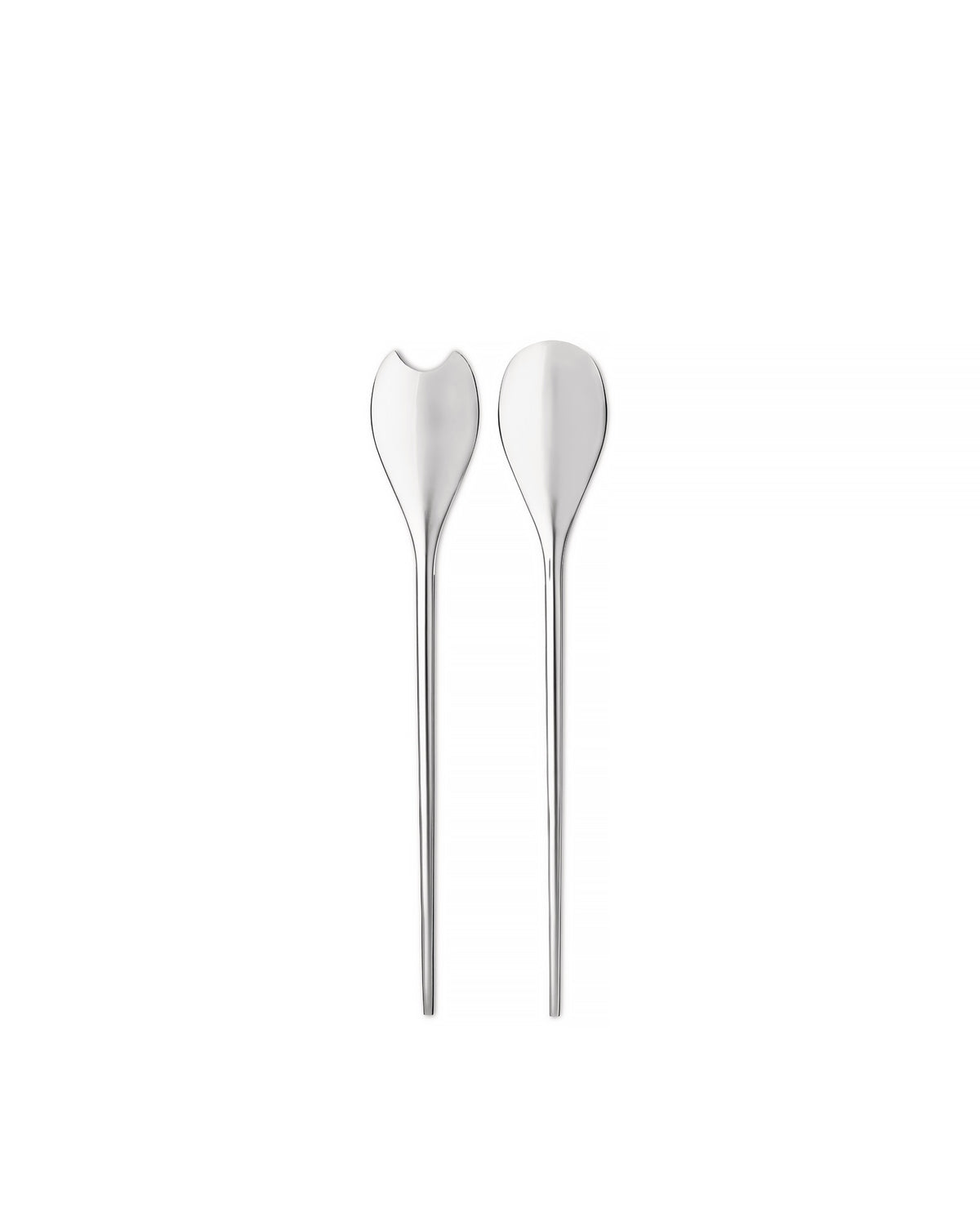 Polished silver salad servers by Alessi, with one ergonomic notched server and one smooth spoon, on a white background.