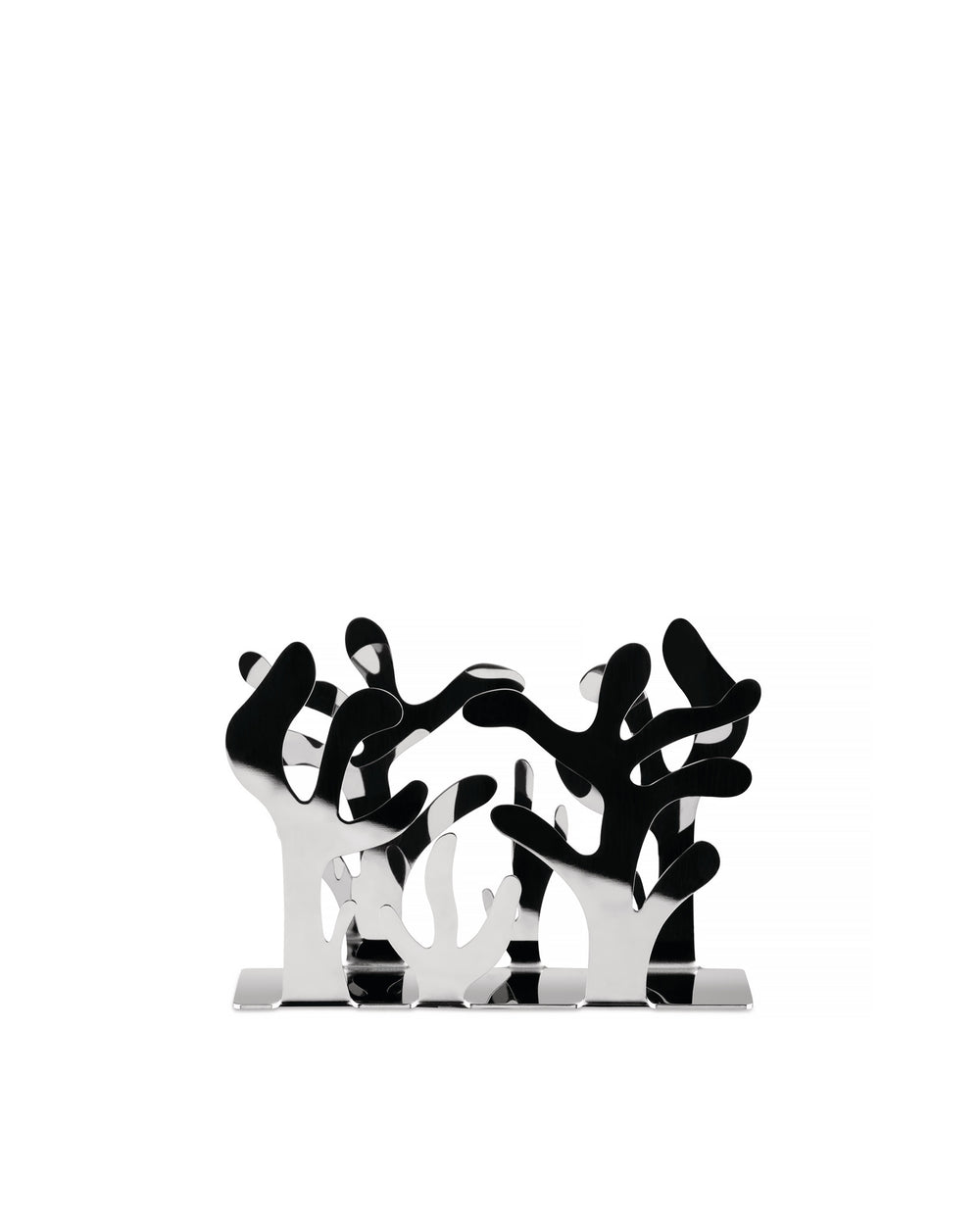 Chrome-plated coral-shaped decorative object by Alessi, featuring intertwined, highly reflective organic forms on a flat base.