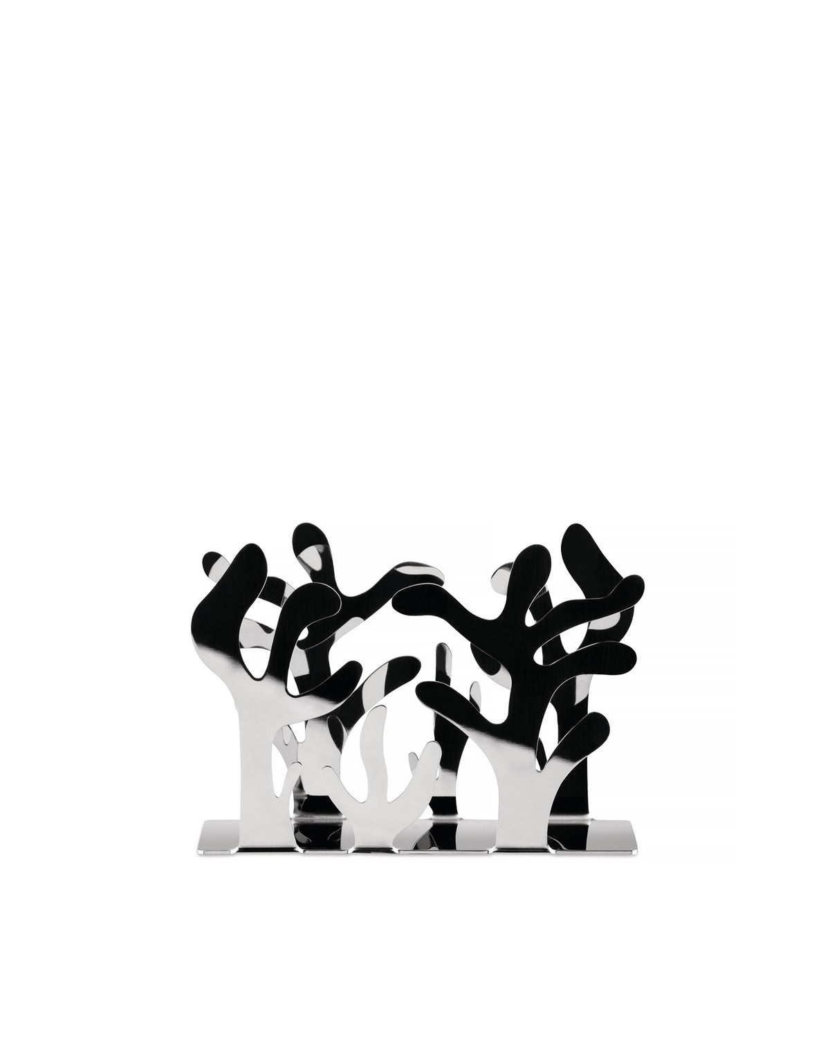 Chrome-plated coral-shaped decorative object by Alessi, featuring intertwined, highly reflective organic forms on a flat base.