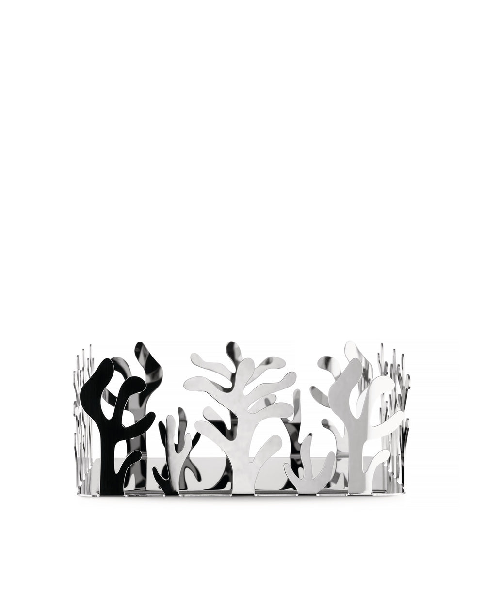 Decorative basket in polished silver metal by Alessi, with a coral-inspired cut-out design.