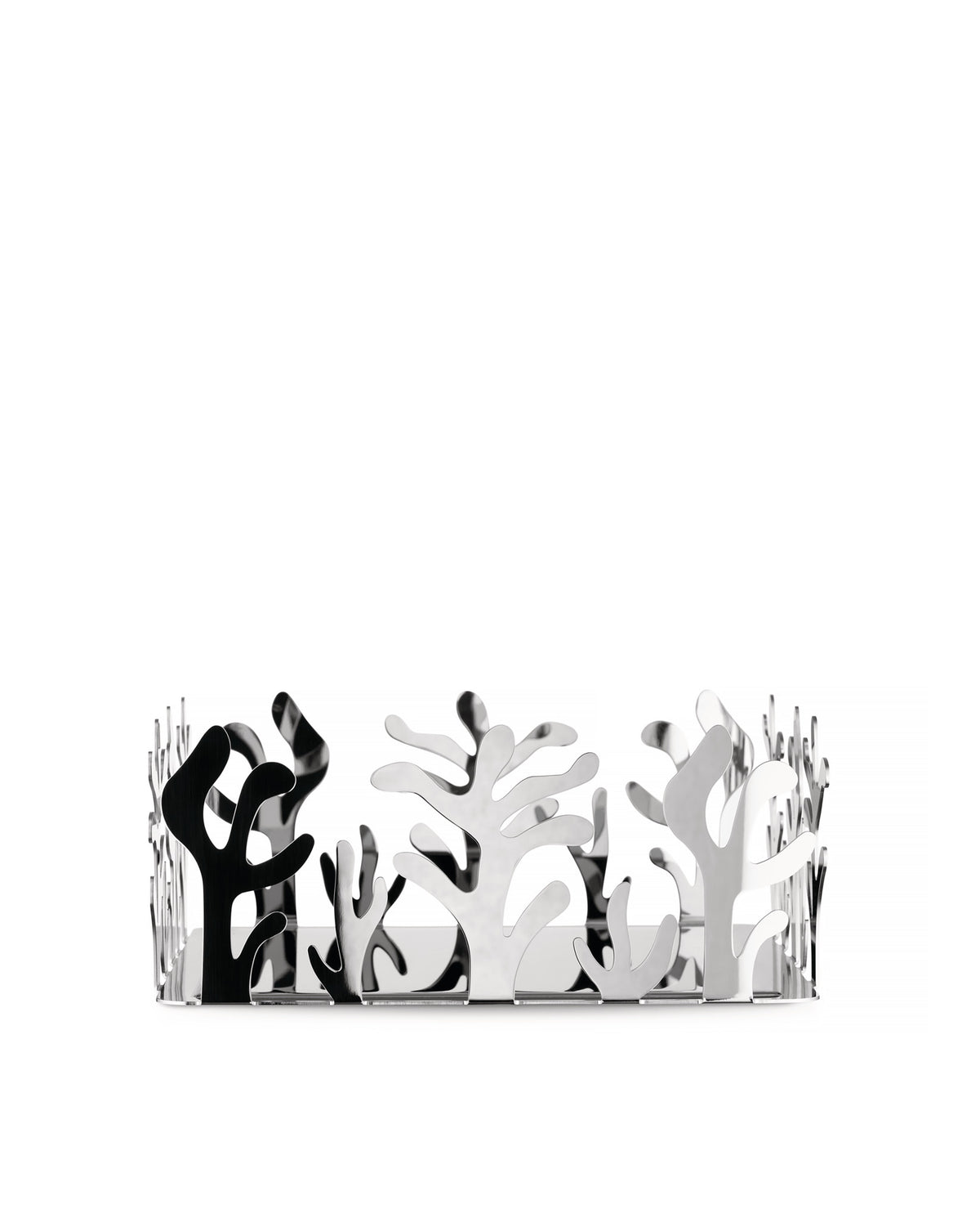 Decorative basket in polished silver metal by Alessi, with a coral-inspired cut-out design.
