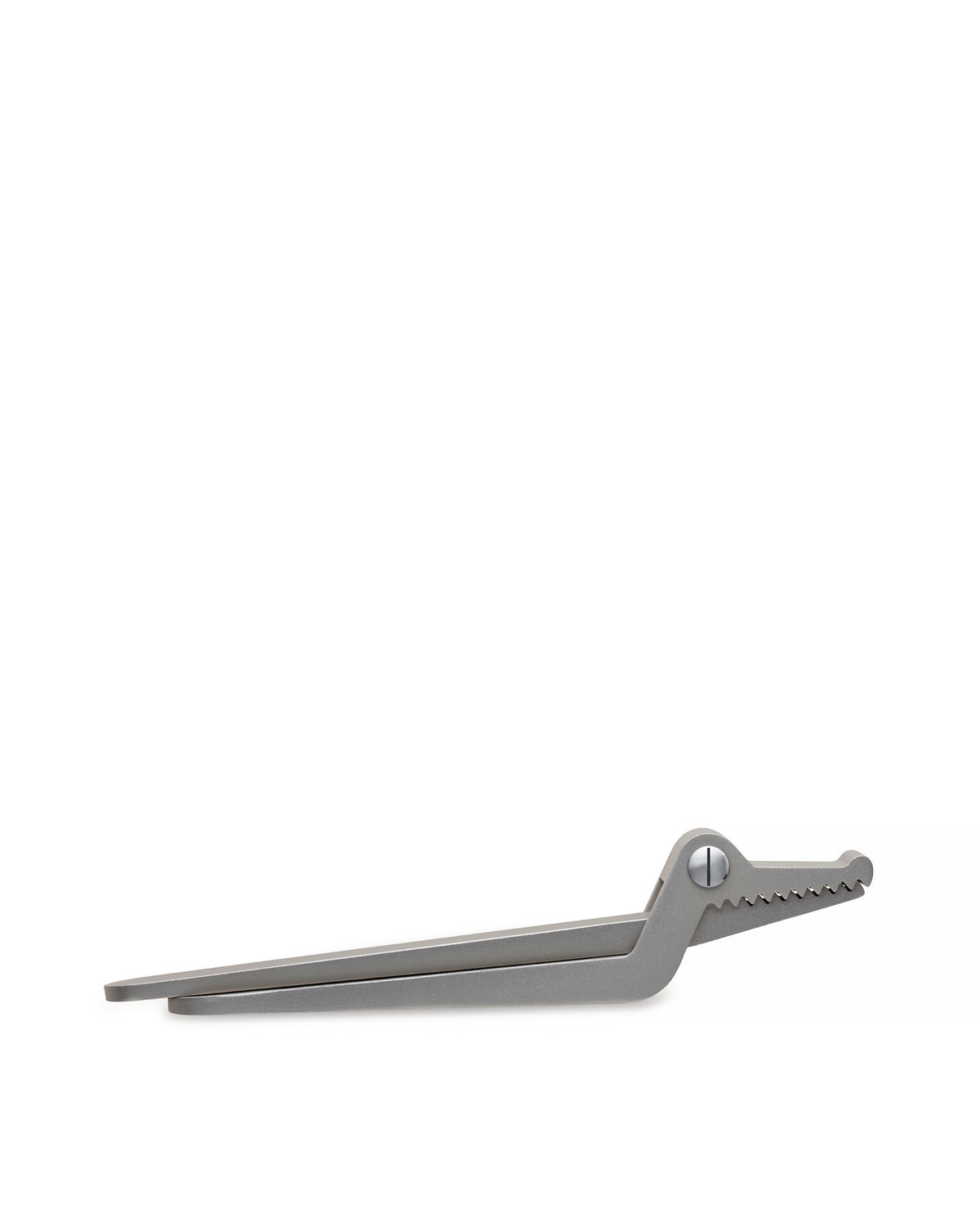 Gray metal nutcracker by Alessi, shaped like a crocodile with serrated jaws, side view.