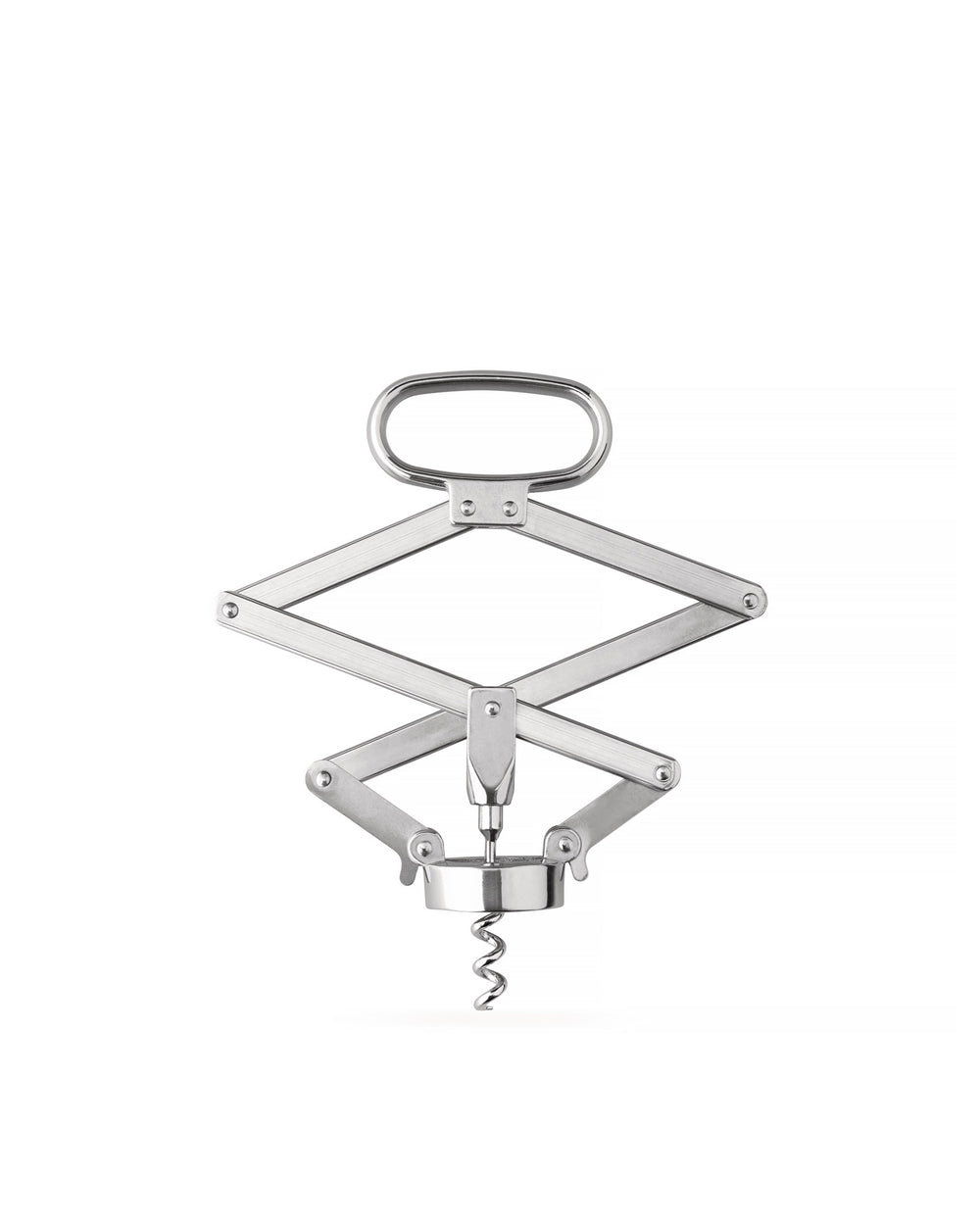Silver metallic corkscrew by Alessi with a scissor-style mechanism and a top handle, centered on white.