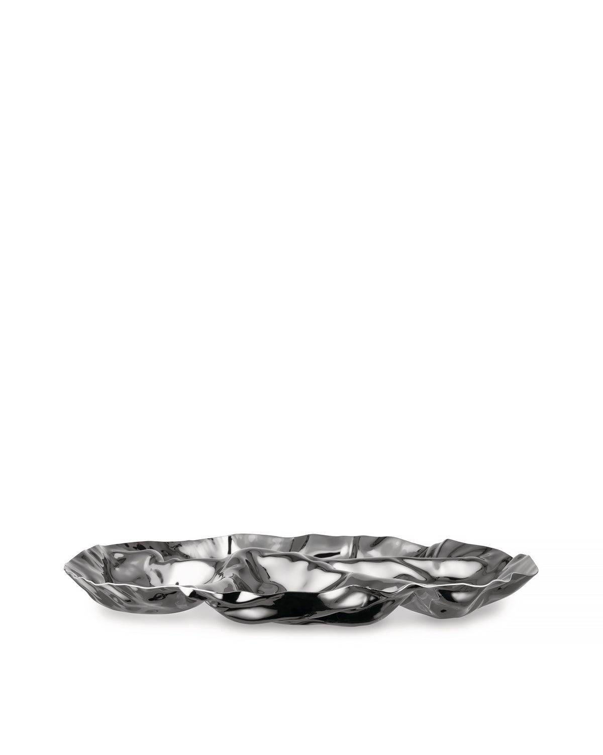 Metallic wavy serving plate by Alessi, with a highly reflective, irregular crumpled surface and multiple compartments on a white background.