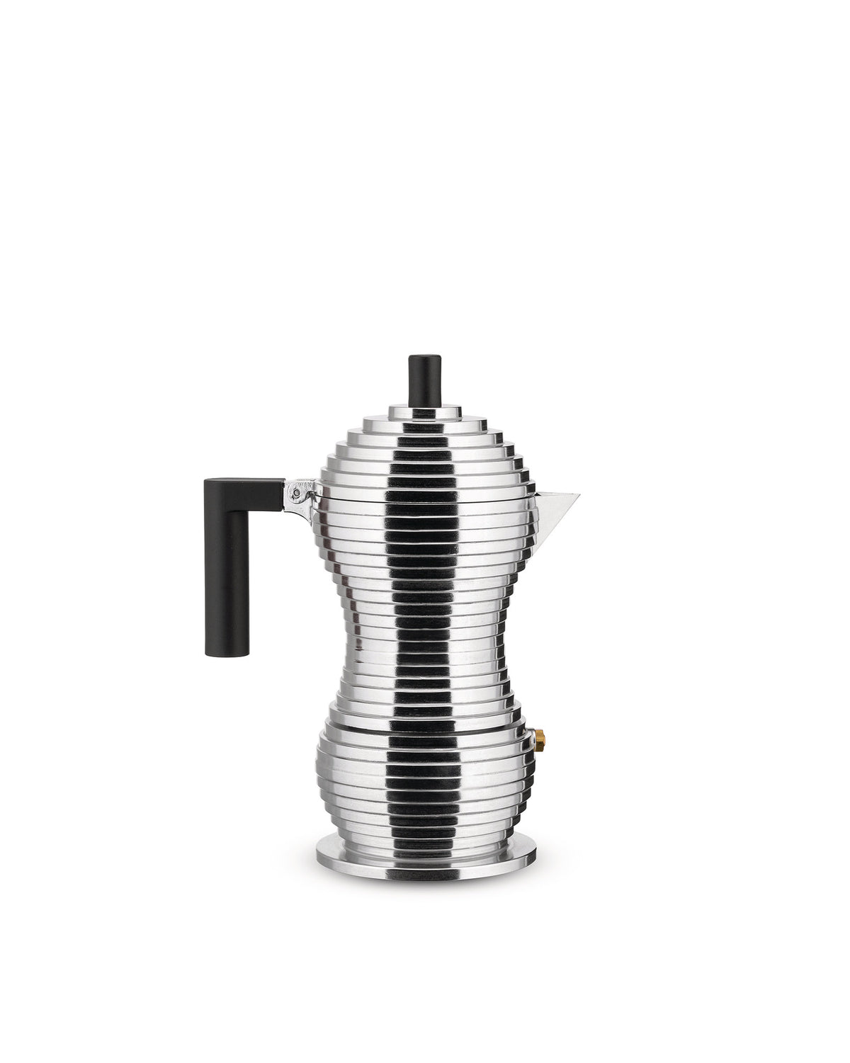Silver aluminum coffee maker by Alessi, with a ribbed, stacked design, black handle, knob, and brass valve.