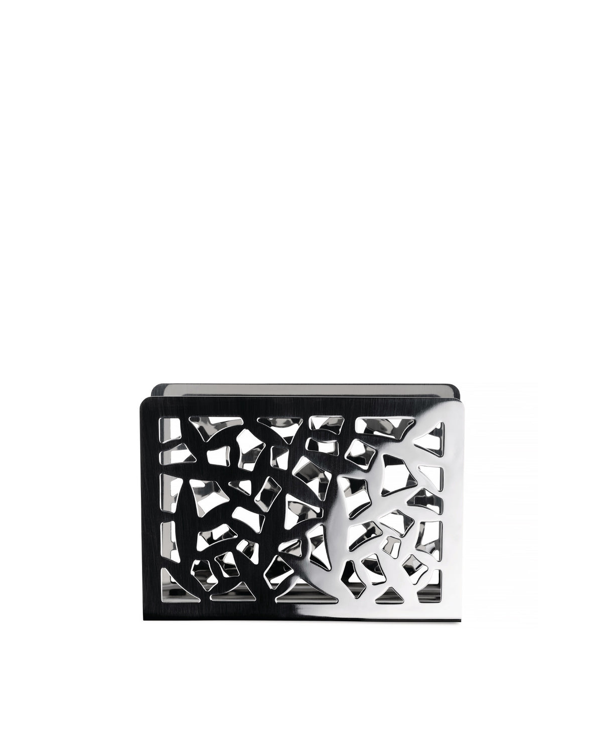 Silver metal napkin holder by Alessi with a modern abstract cutout design.