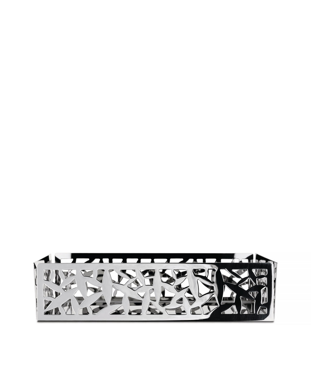 Silver metallic rectangular decorative tray by Alessi, featuring a detailed 'Cactus!' cutout pattern.