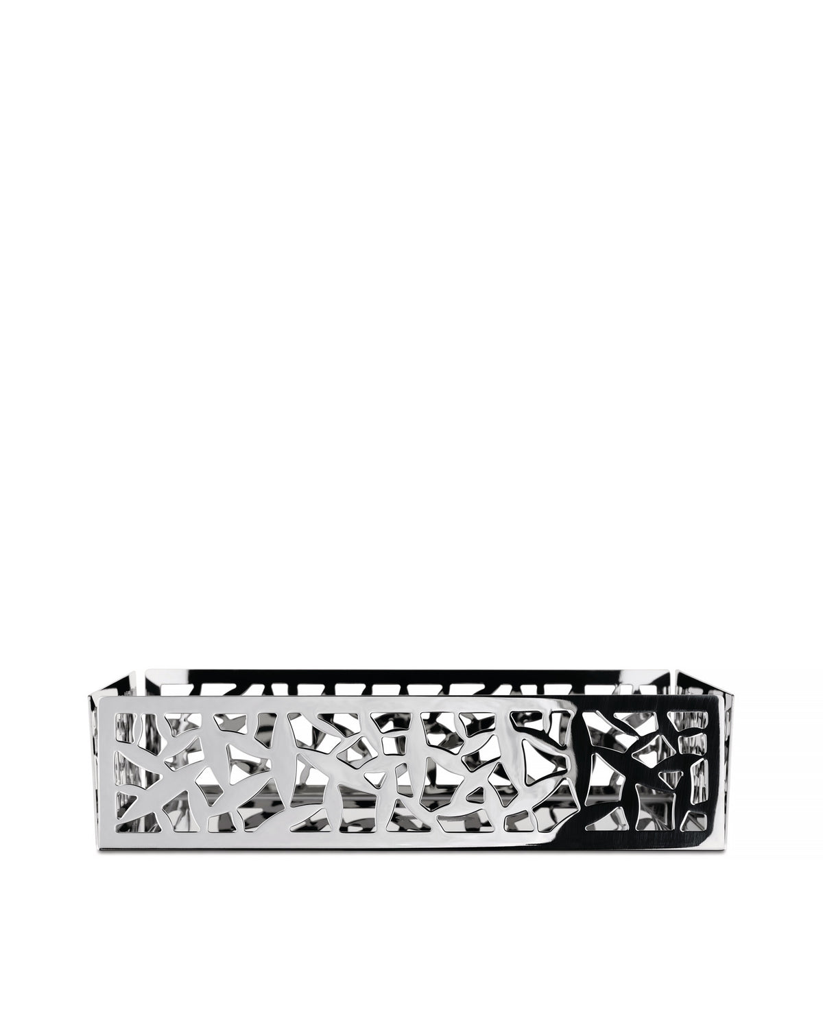 Silver metallic rectangular decorative tray by Alessi, featuring a detailed 'Cactus!' cutout pattern.