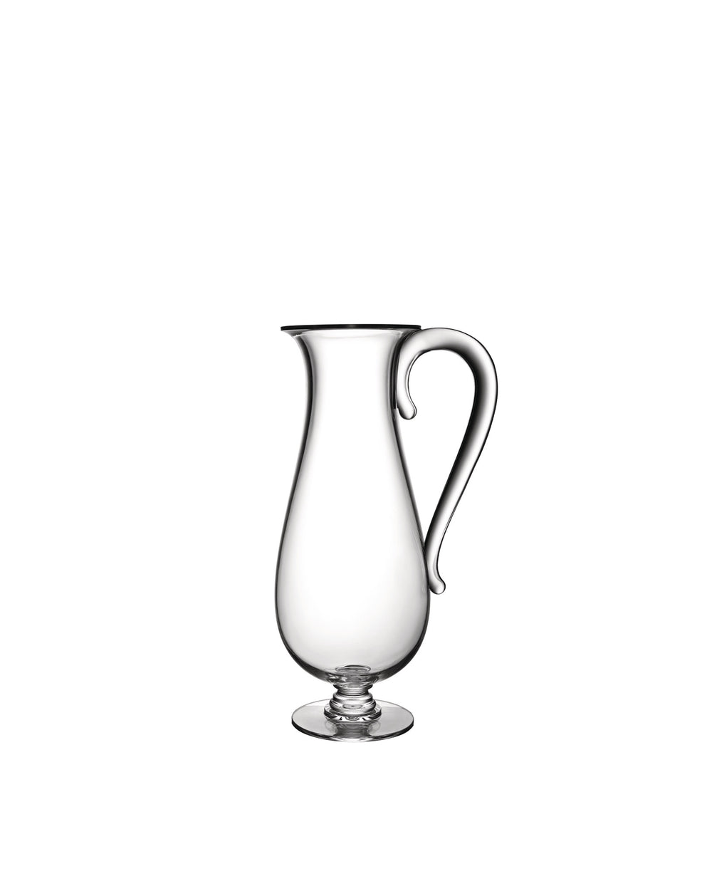A clear glass pitcher by Alessi with a distinct narrow neck and flared base, featuring a curved handle.