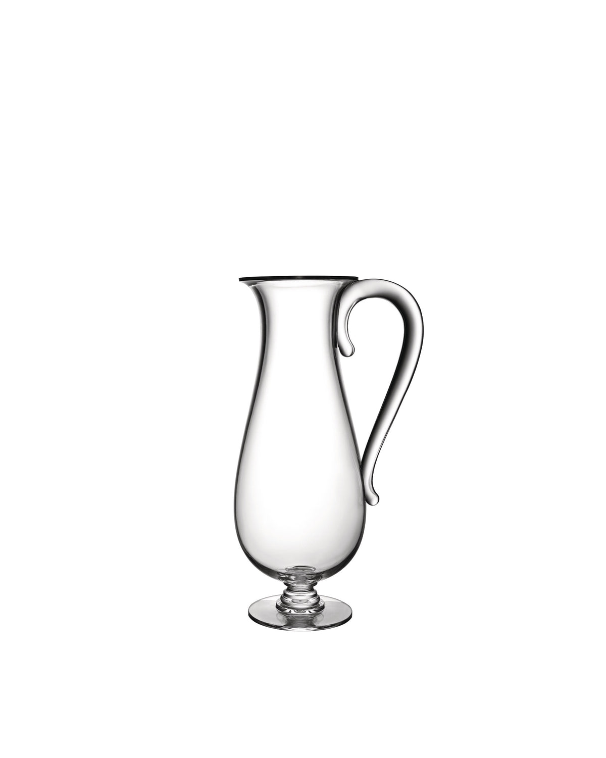 A clear glass pitcher by Alessi with a distinct narrow neck and flared base, featuring a curved handle.
