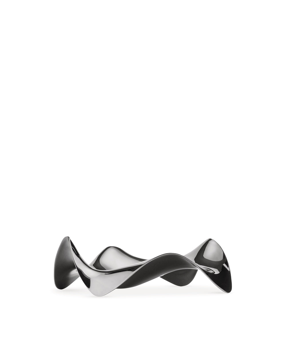 Polished silver-toned wave-shaped object by Alessi, featuring a reflective, fluid design.
