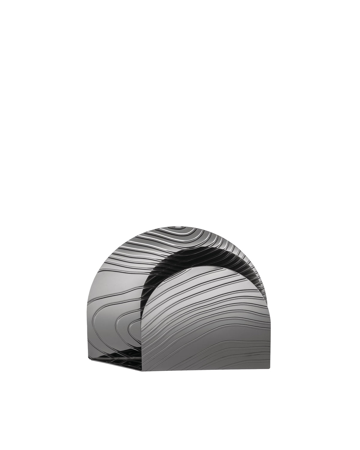 Metallic wavy-ribbed decorative holder by Alessi, with a semi-circular shape and reflective surface.