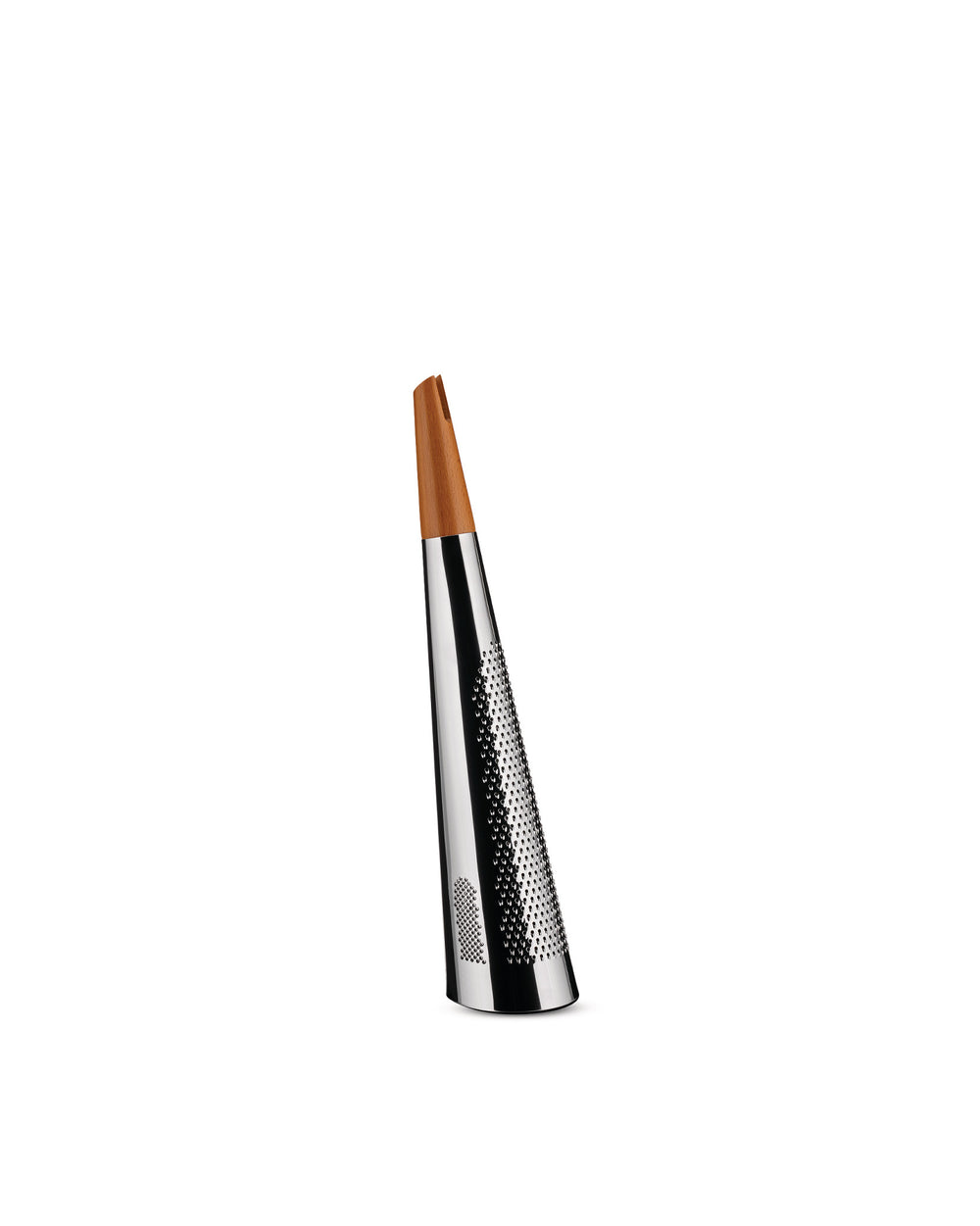 Conical metal grater with a brown wooden handle by Alessi, featuring fine grating holes.