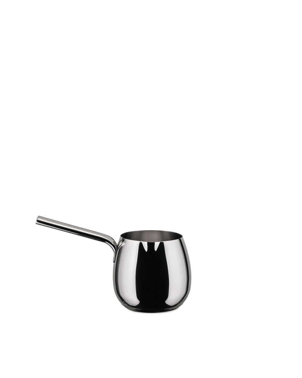 Shiny metallic pot by Alessi with a long handle and rounded body on a white background.