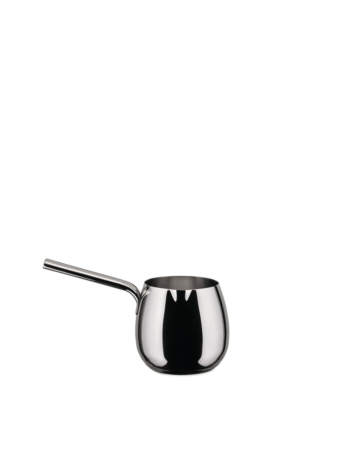 Shiny metallic pot by Alessi with a long handle and rounded body on a white background.