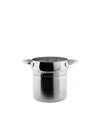 Stainless steel pasta insert by Alessi, perforated with two handles, on a white background.