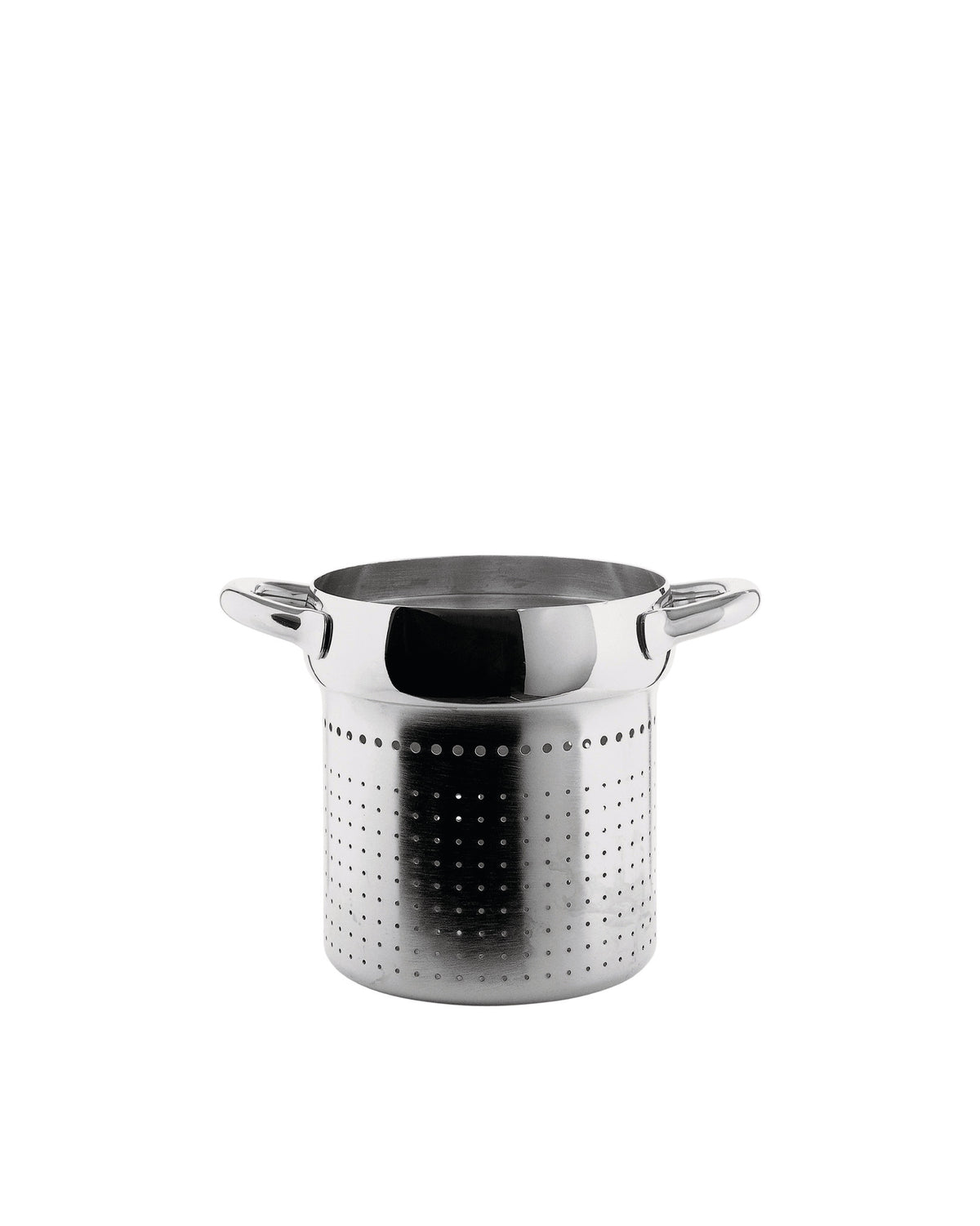 Stainless steel pasta insert by Alessi, perforated with two handles, on a white background.