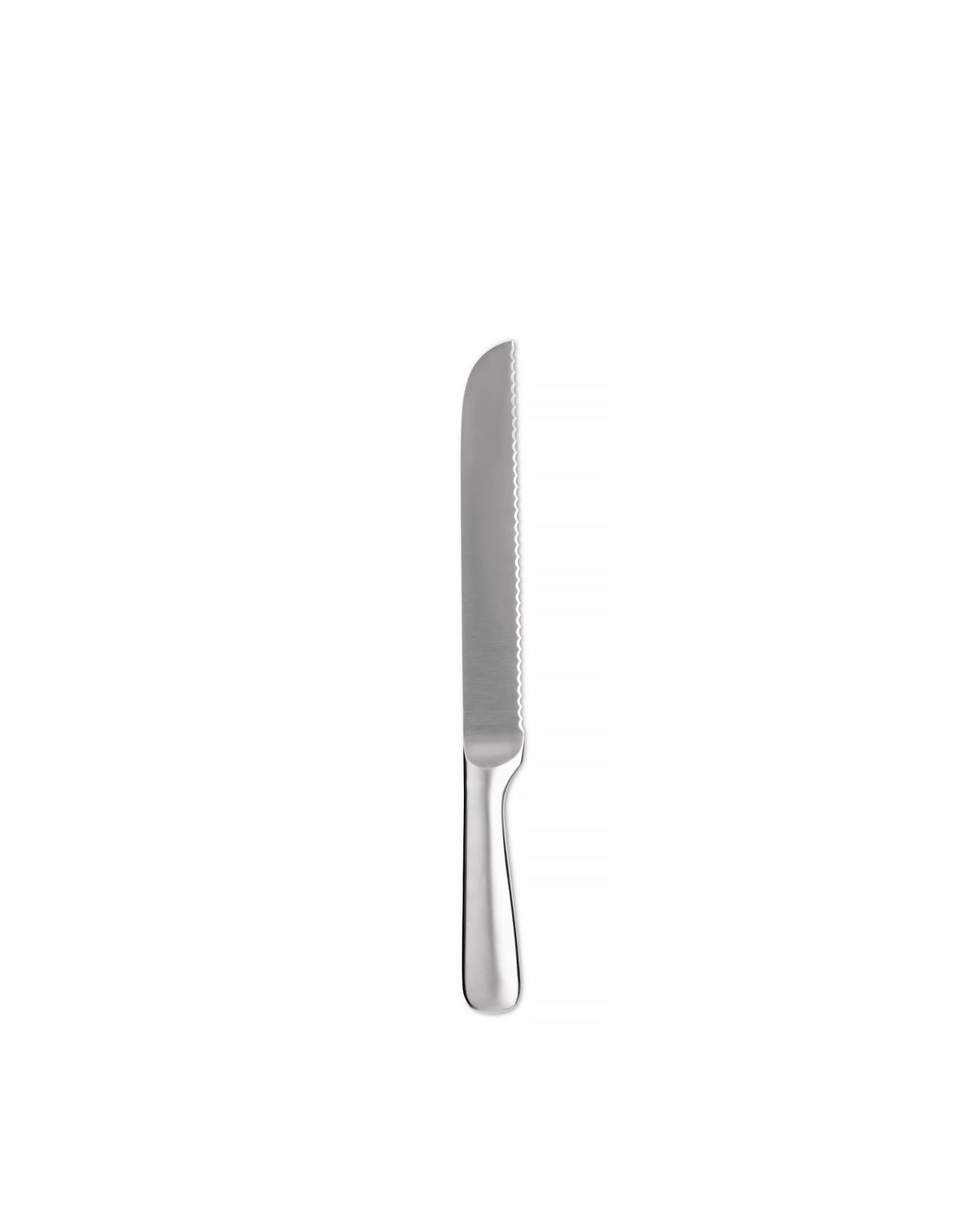 Silver serrated knife by Alessi with a sleek, polished metallic handle, standing upright.