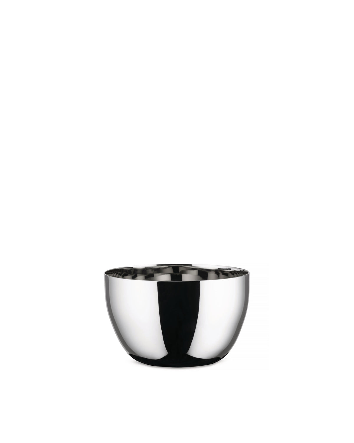 Polished steel bowl by Alessi, featuring a reflective interior with a grid-like pattern and a sleek exterior.