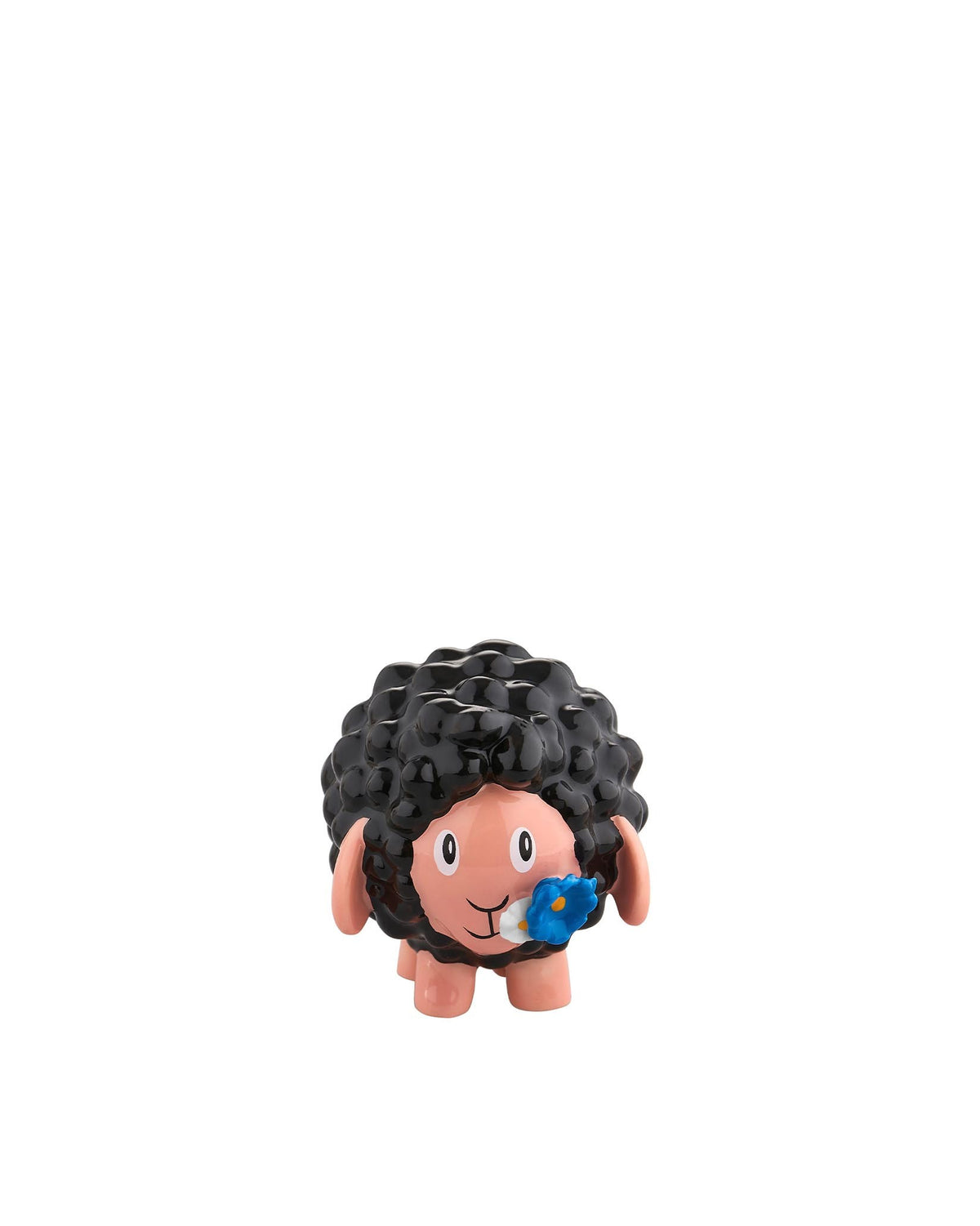 Black curly sheep figurine with a pink face by Alessi, holding a blue and white flower.